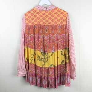 John Mark Linen Blend Mixed Media Tunic Top M Multicolor Long Roll Tab Sleeves